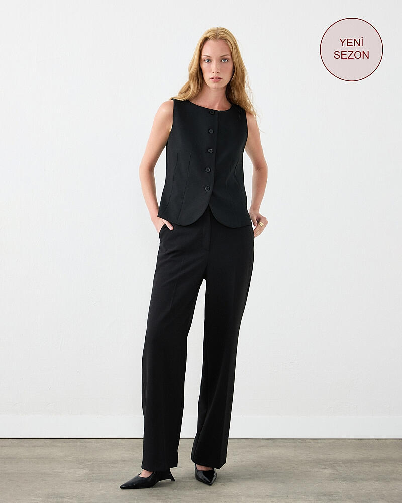 Yuvarlak Yaka Yelek & Krep Lycra Palazzo Pantolon Takım - Siyah