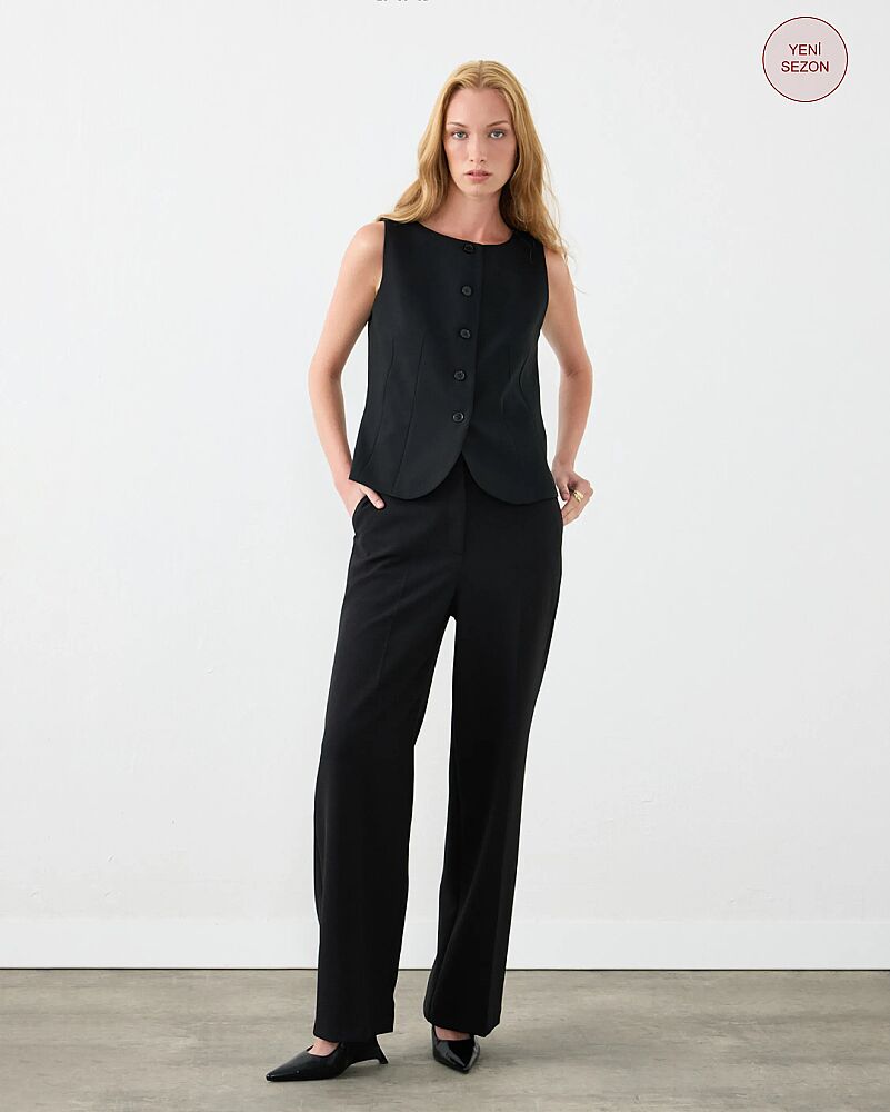 Round Neck Vest & Crepe Lycra Palazzo Pants Set - Black