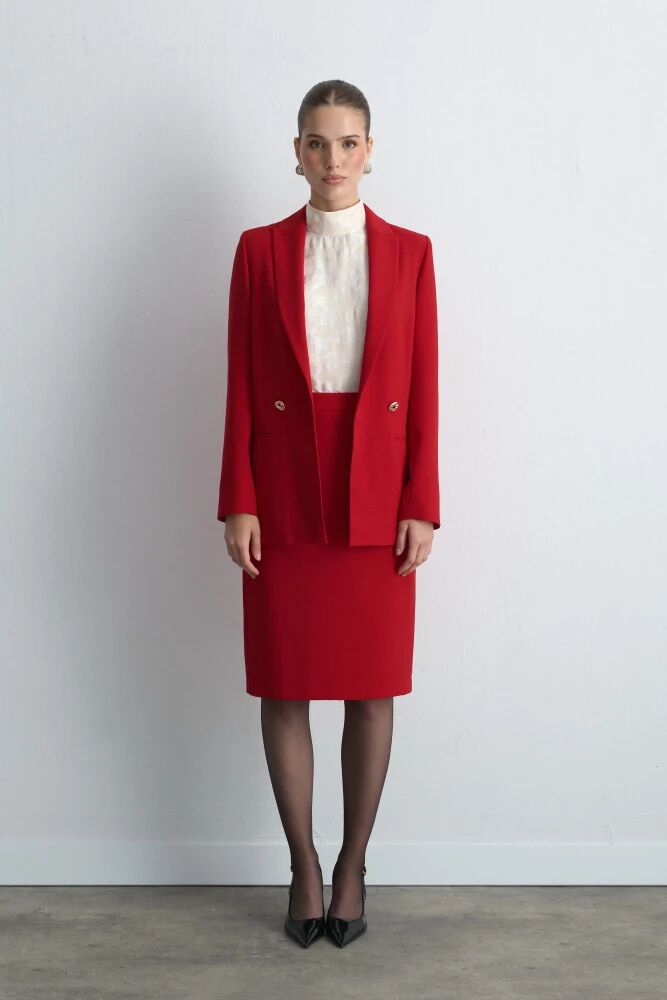 Krep Blazer Ceket & Kalem Etek - Kırmızı Takım