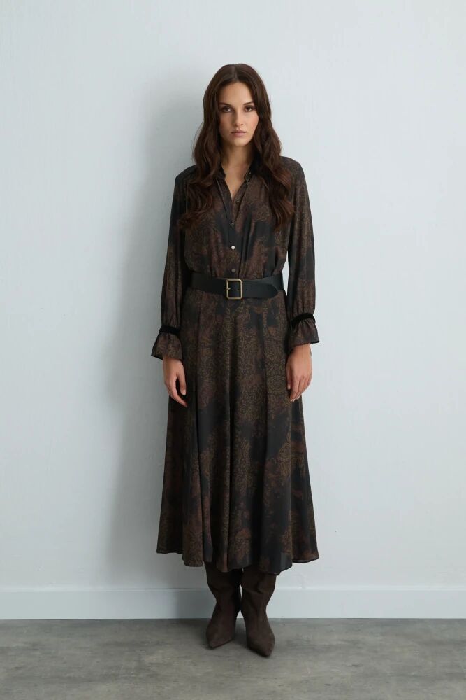 Anka Koleksiyonu Kadife Yakalı Gömlek & Uzun Desenli Kloş Etek - Kahverengi Takım