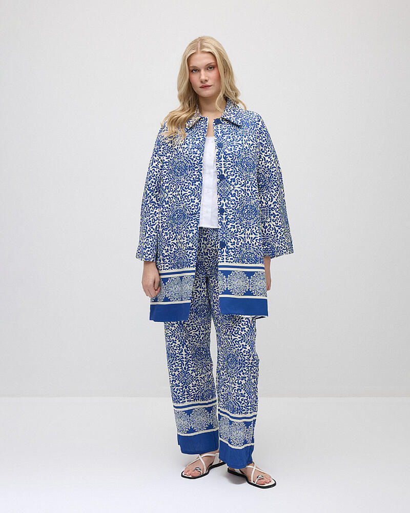 Rahat Kesim Desenli Viskon Kaftan & Bol Paça Pantolon Takım - Lacivert