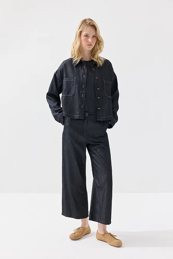 Tencel Denim Pocket Shirt Jacket & Trousers Set - Navy Blue