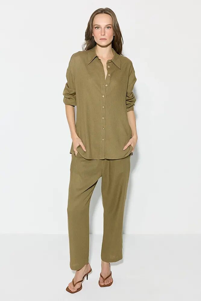 Relaxed Fit Linen Shirt & Elastic Waist Tapered Pants Set - Khaki