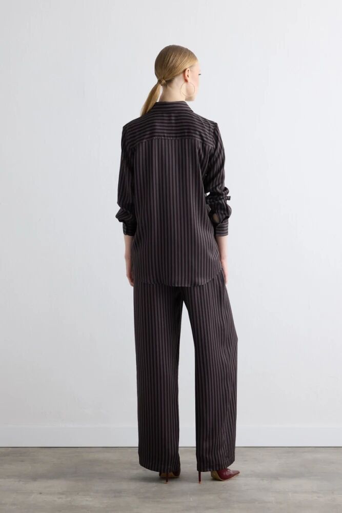 Çizgili Saten Gömlek & Bol Paça Pantolon - Kahverengi Takım - 2