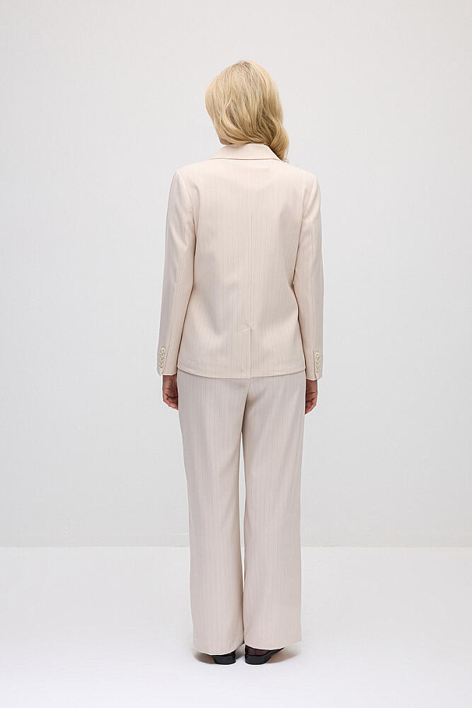 Tek Düğmeli Silik Çizgili Blazer Ceket & Bol Paça Kumaş Pantolon Takım - Pudra - 2