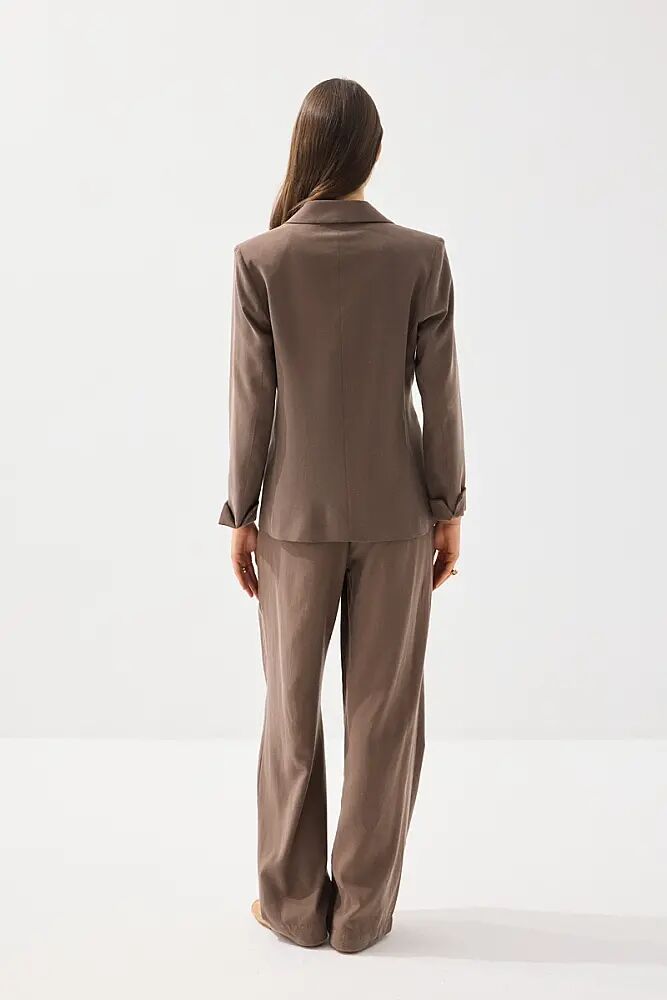 Tensel Keten Tek Düğmeli Ceket & Bol Paça Pantolon - Kahverengi - 2