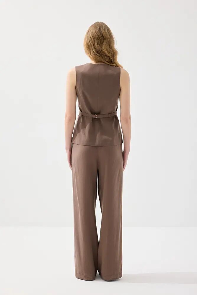 Tensel Keten Yelek & Bol Paça Pantolon Takım - Kahverengi - 2