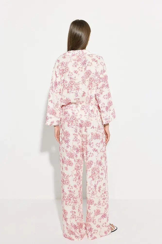 Patterned Relaxed Fit Linen Shirt & Elastic Waist Wide Leg Pants Set - Pink - 3