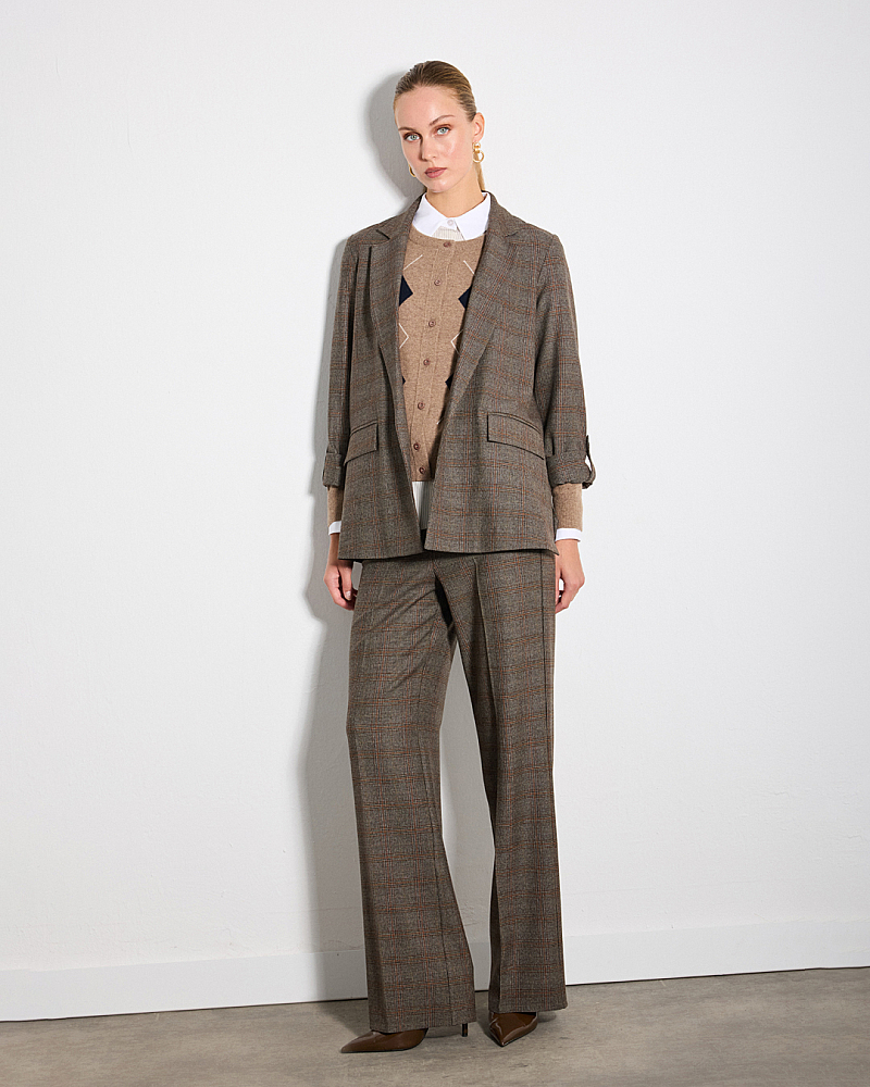 Relaxed Fit Unlined Plaid Jacket & Plaid Patterned Belted Straight Fit Pants Set - Brown