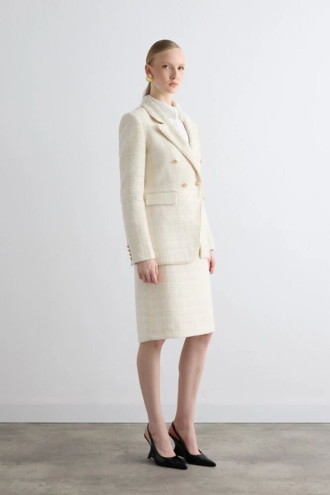 Tüvit Blazer Ceket & Kalem Etek - Ekru Takım