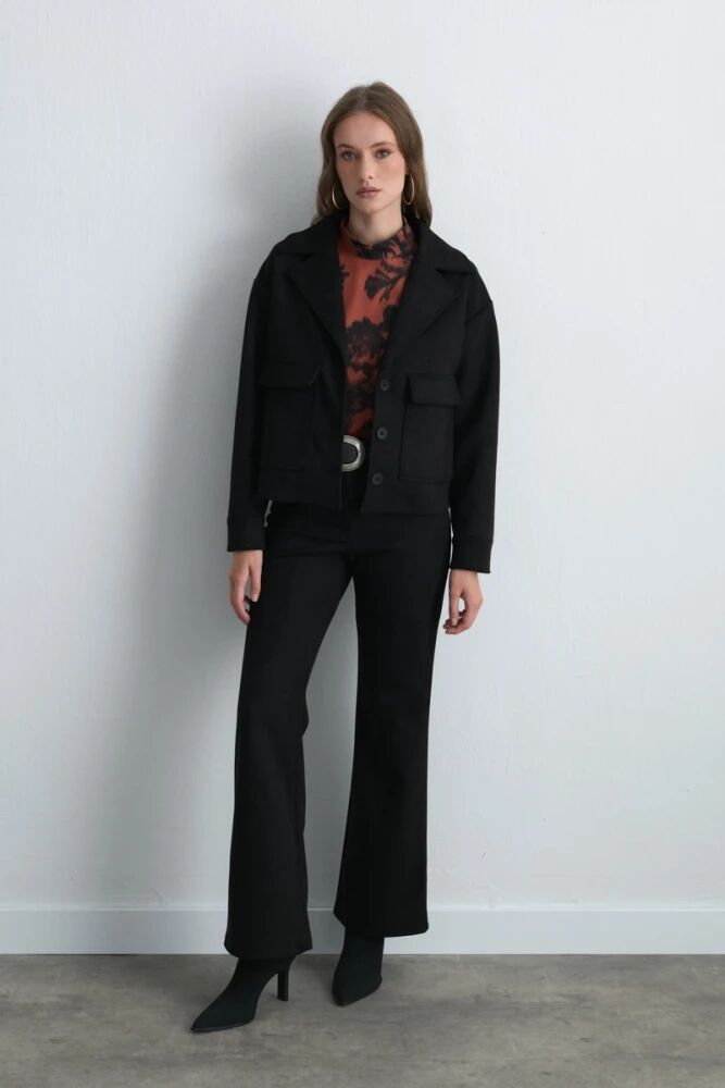 Cepli Süet Ceket & Geniş Paçalı Süet Pantolon - Siyah Takım