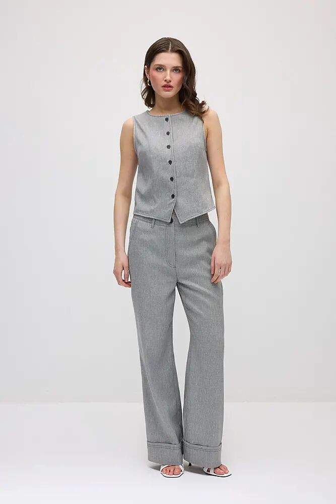 Yuvarlak Yaka Viskon Yelek & Duble Paça Viskon Keten Pantolon Takım - Gri
