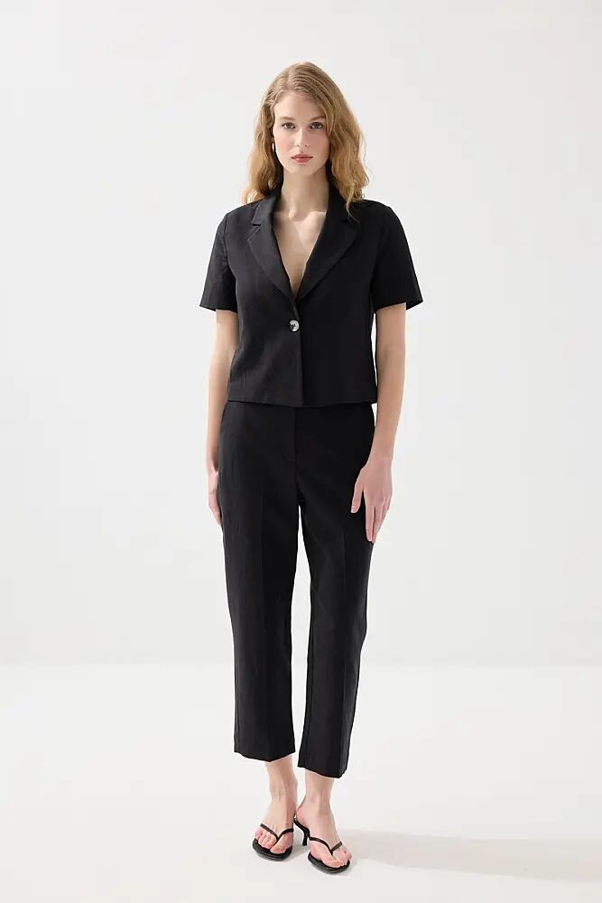 Kısa Keten Ceket & Pamuk Keten Havuç Kesim Pantolon Takım - Siyah