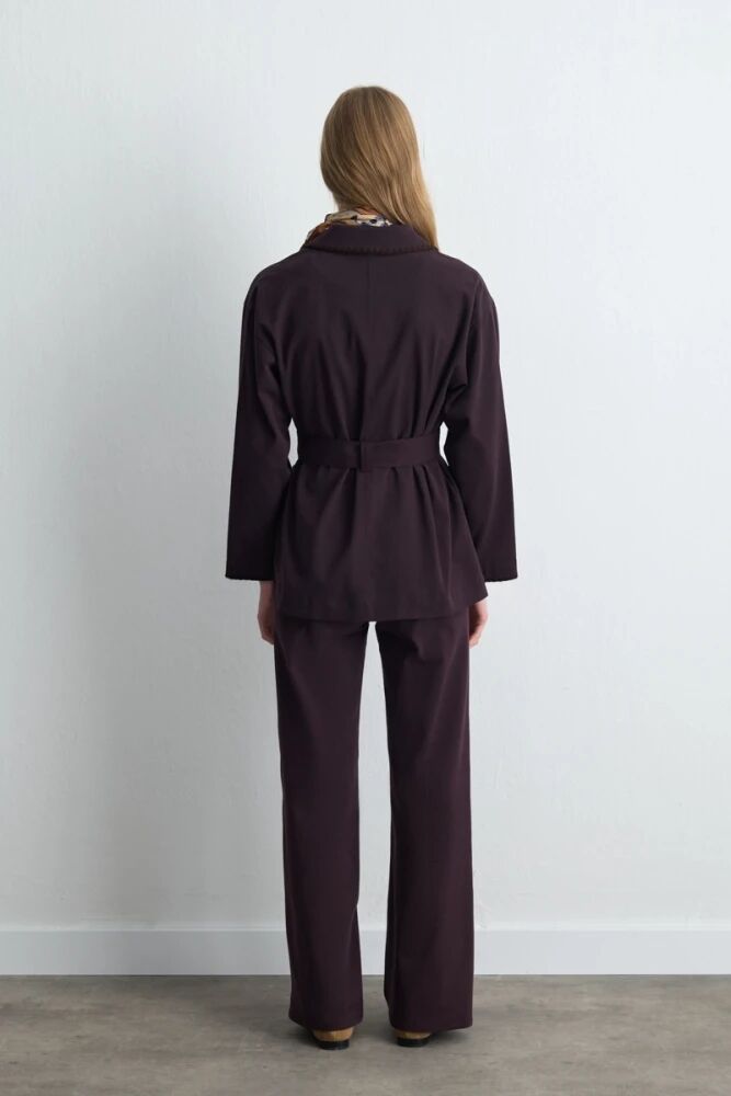 Anka Koleksiyonu Nakışlı Kanvas Ceket &Cepleri Nakışlı Kanvas Pantolon - Mürdüm Takım - 2