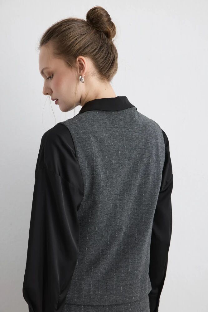 Simli Çizgili Örme Yelek & Pantolon - Gri Takım - 2