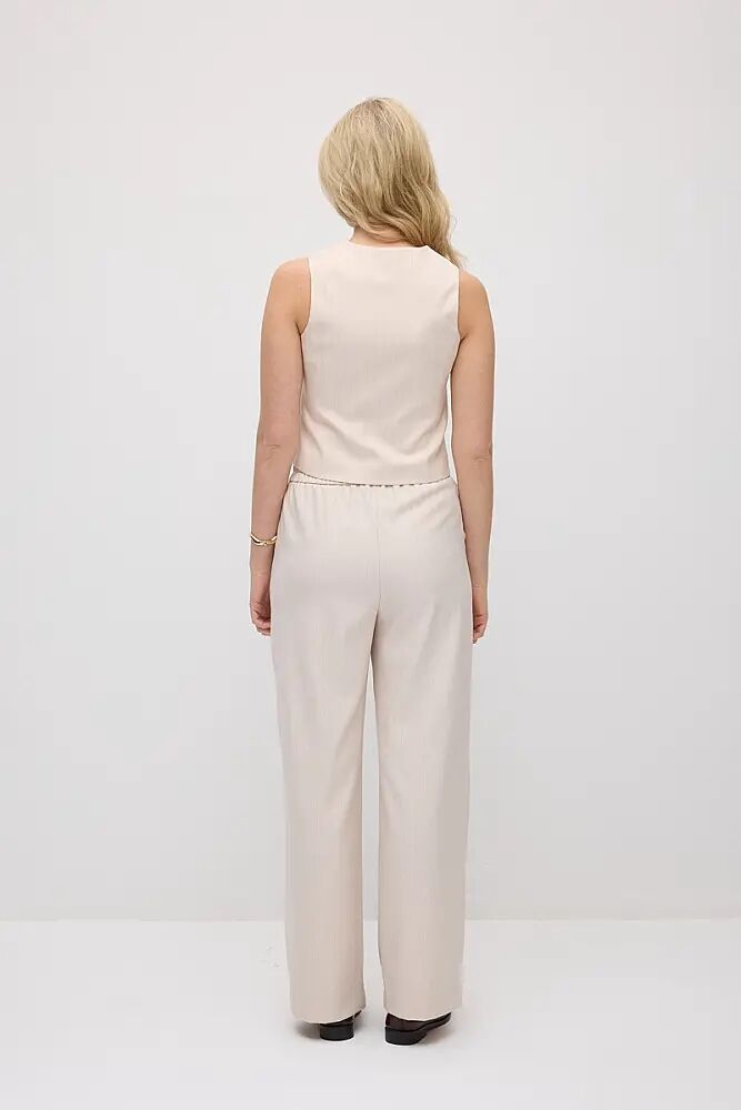 Silik Çizgili Klasik Yelek & Bol Paça Kumaş Pantolon Takım - Pudra - 2