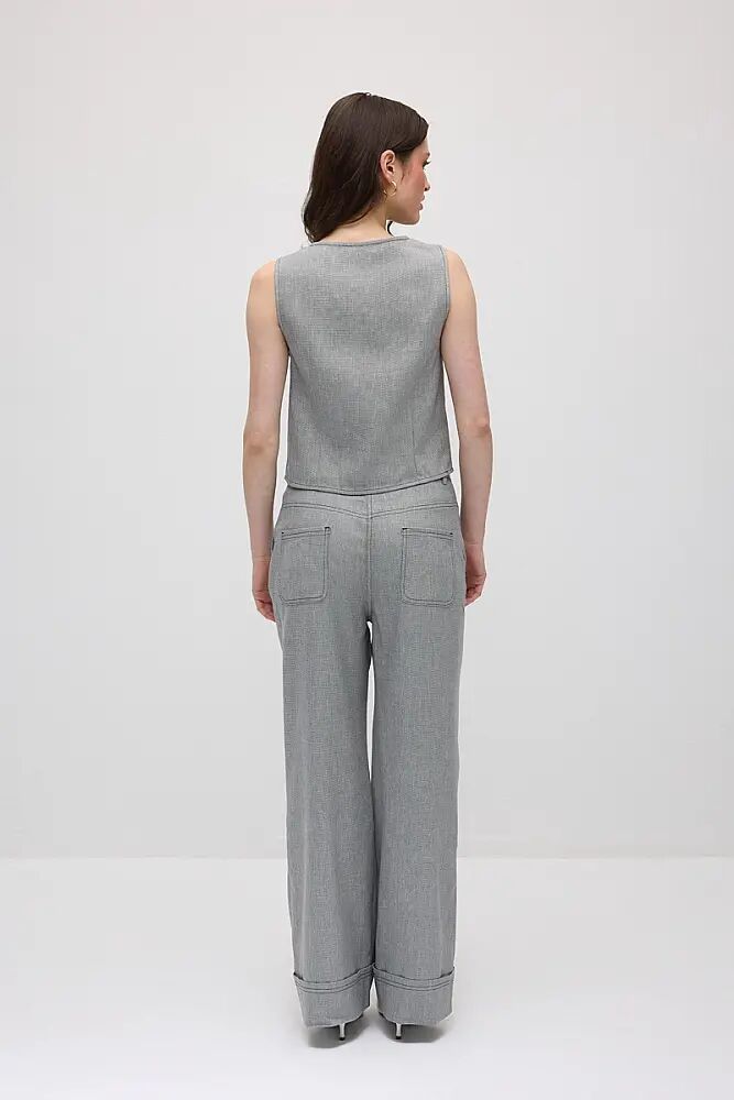 Yuvarlak Yaka Viskon Yelek & Duble Paça Viskon Keten Pantolon Takım - Gri - 2