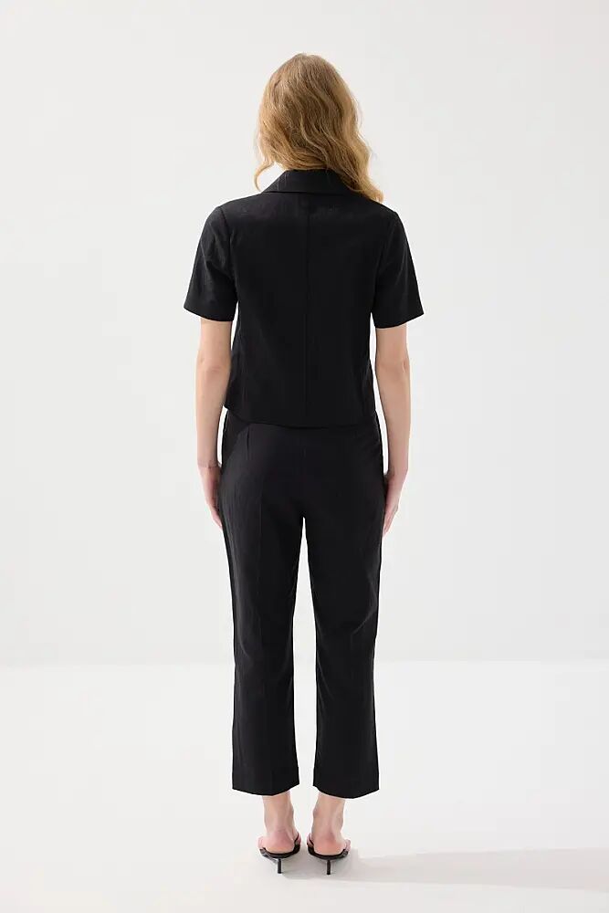 Kısa Keten Ceket & Pamuk Keten Havuç Kesim Pantolon Takım - Siyah - 2