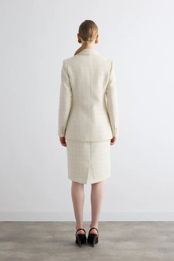 Tüvit Blazer Ceket & Kalem Etek - Ekru Takım - 3