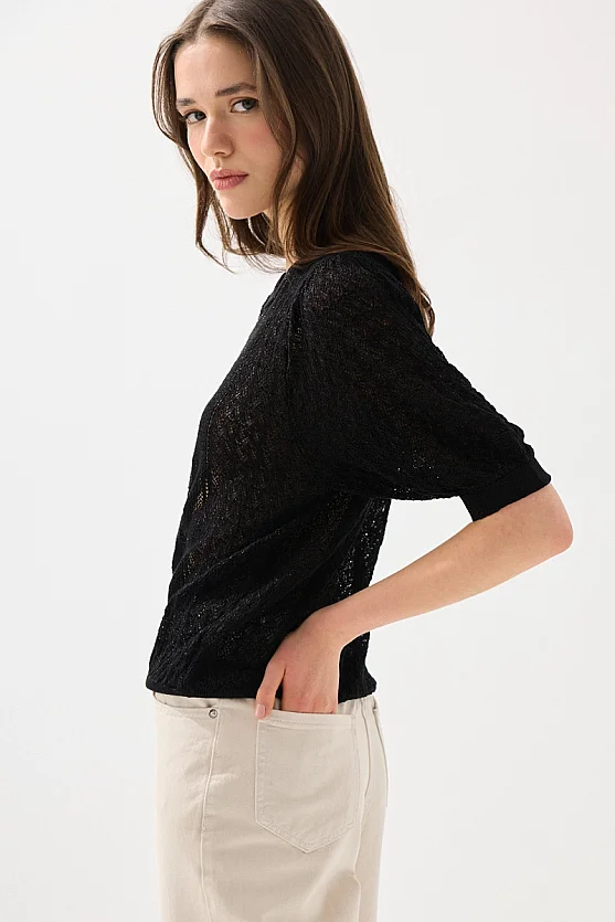 Ajurlu Kısa Kol Viskon Triko Bluz - Siyah - Gusto