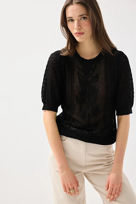 Ajurlu Kısa Kol Viskon Triko Bluz - Siyah - Gusto