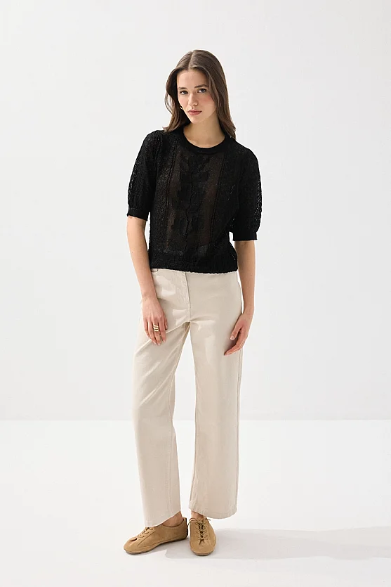 Ajurlu Kısa Kol Viskon Triko Bluz - Siyah - 2