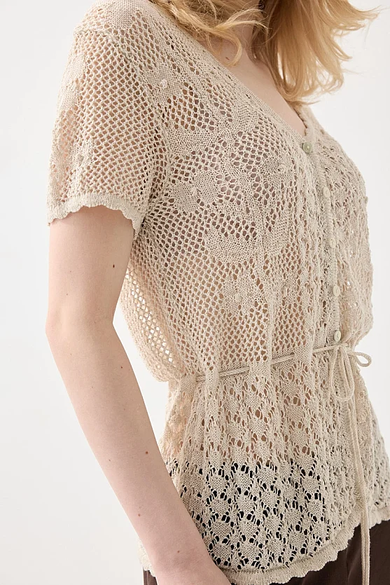 Ajurlu Kısa Kollu Keten Triko Ceket Bluz - Taş - 6