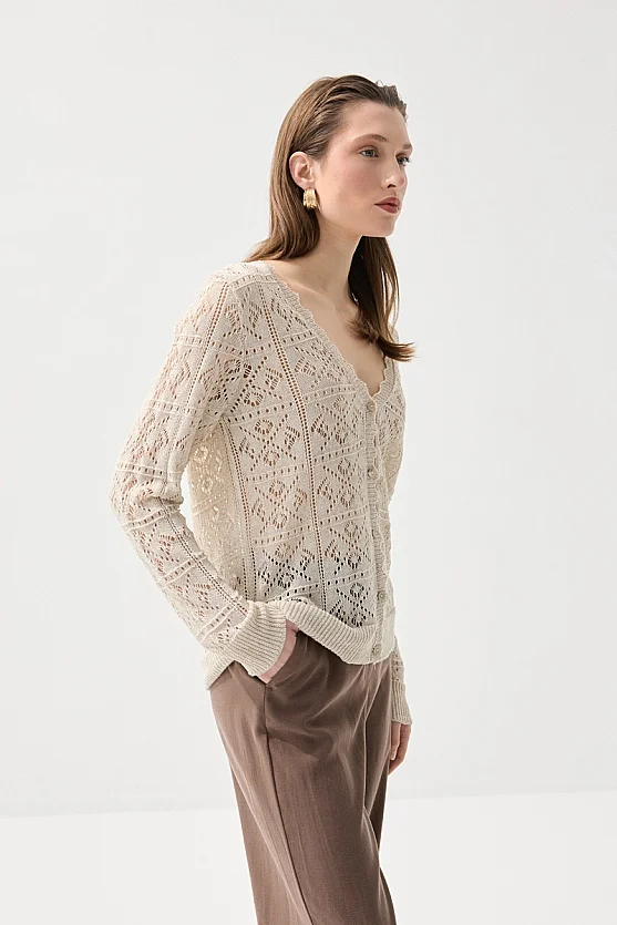 Ajurlu Triko Uzun Kollu Hırka - Taş - Gusto