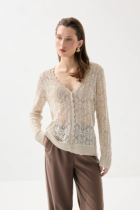 Ajurlu Triko Uzun Kollu Hırka - Taş - Gusto