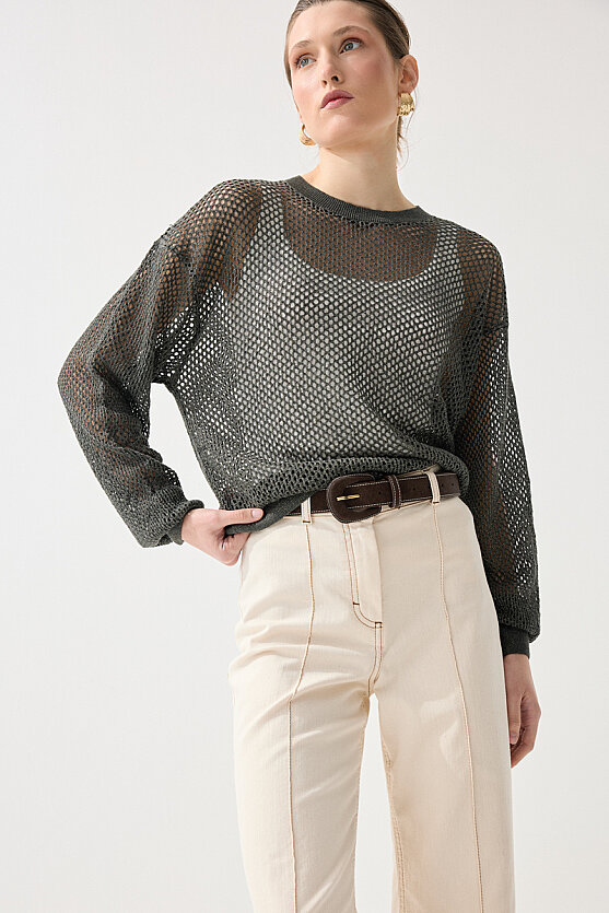 Ajurlu Viskon Triko Bluz - Yeşil - 4