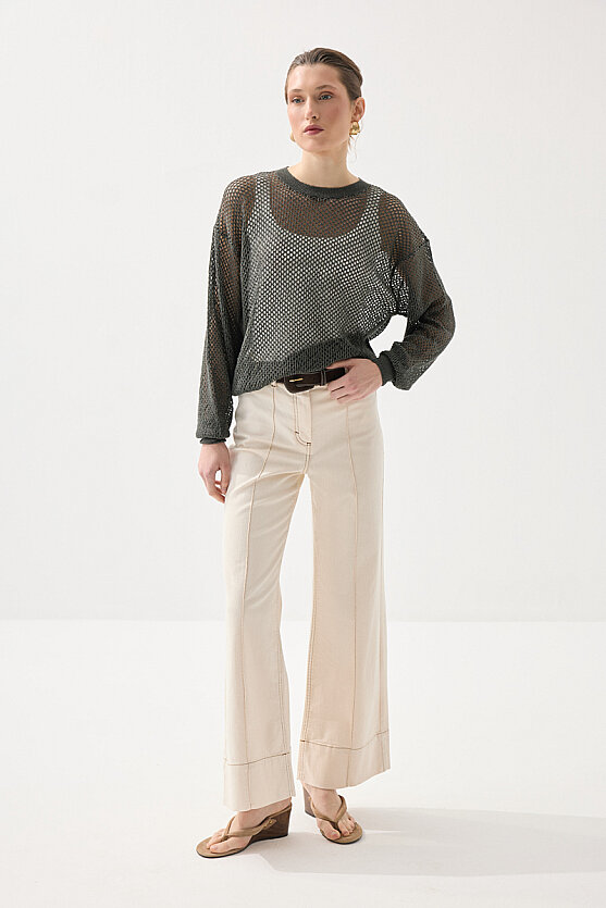 Ajurlu Viskon Triko Bluz - Yeşil - 2