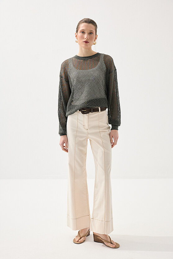 Ajurlu Viskon Triko Bluz - Yeşil - 5