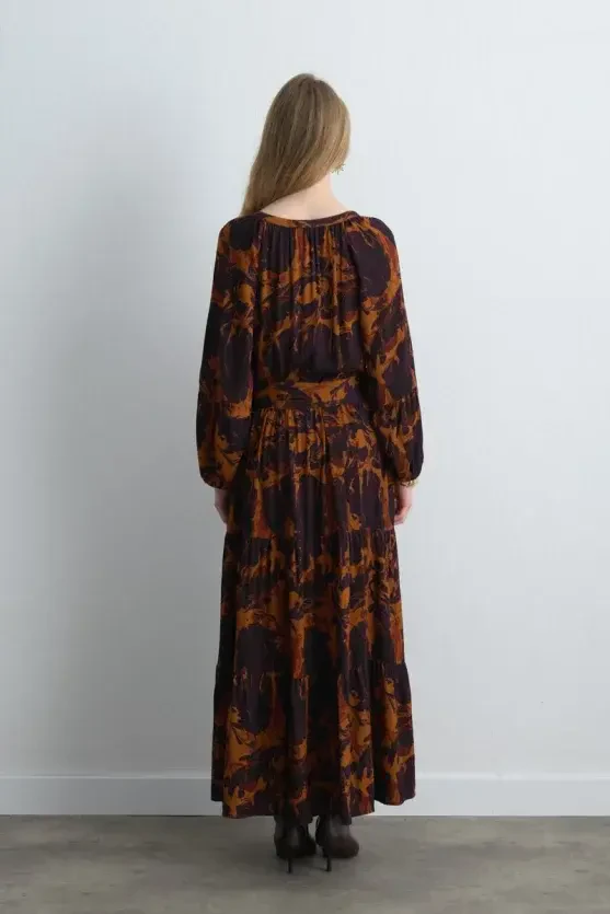 Anka Collection Belted Long Viscose Dress - Maroon - 9