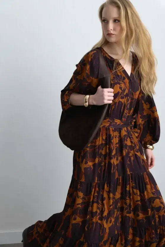 Anka Collection Belted Long Viscose Dress - Maroon - 7