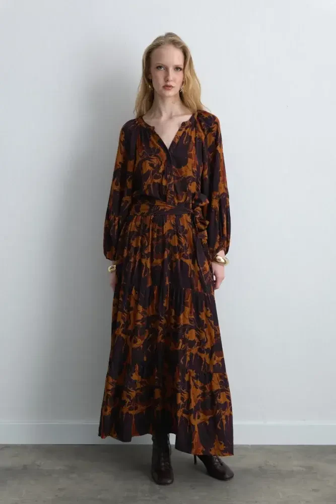 Anka Collection Belted Long Viscose Dress - Maroon Marroon