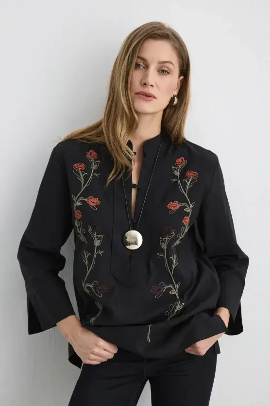Phoenix Collection Embroidered Blouse - Black - Gusto