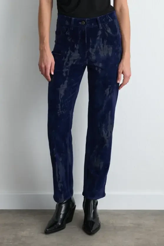 Anka Collection Flocked Velvet Straight-Leg Pants - Navy Blue - Gusto
