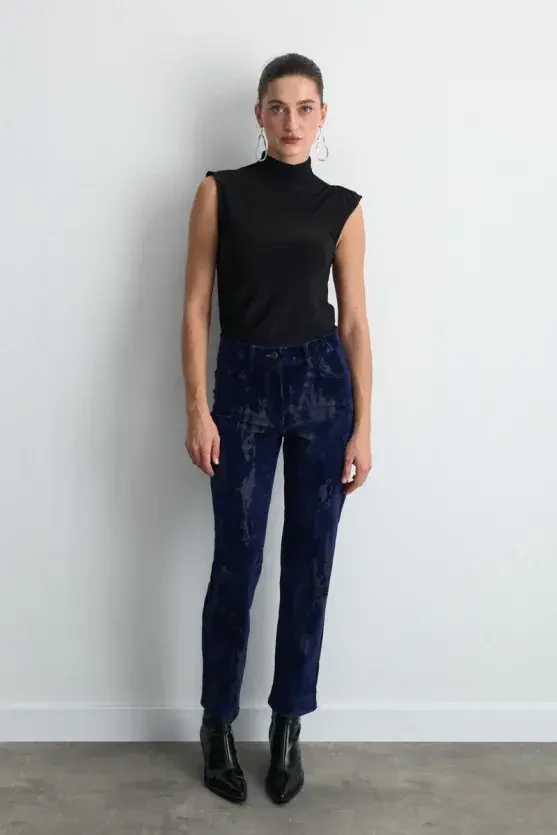 Anka Collection Flocked Velvet Straight-Leg Pants - Navy Blue - Gusto