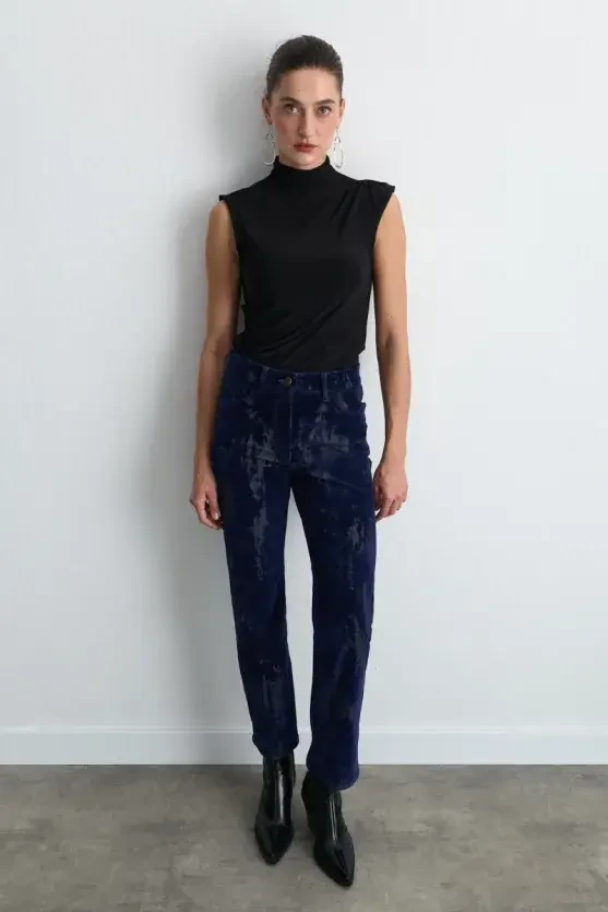 Anka Collection Flocked Velvet Straight-Leg Pants - Navy Blue - Gusto