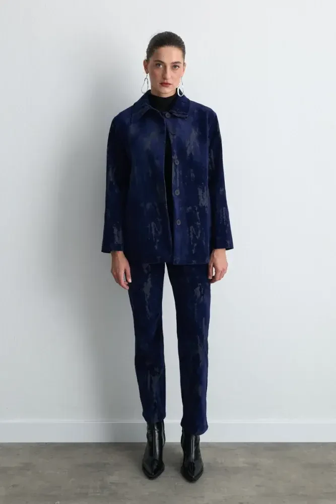 Anka Collection Flocked Velvet Straight-Leg Pants - Navy Blue Navy Blue