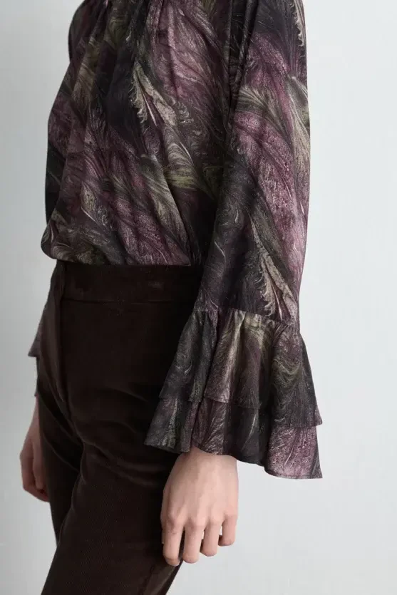 Anka Collection High Neck Viscose Blouse with Flared Sleeves - Plum - 4