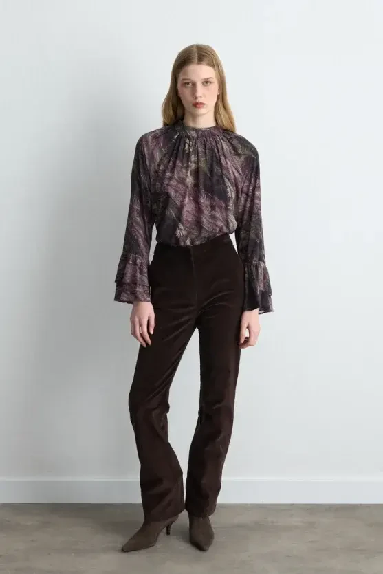 Anka Collection High Neck Viscose Blouse with Flared Sleeves - Plum - Gusto