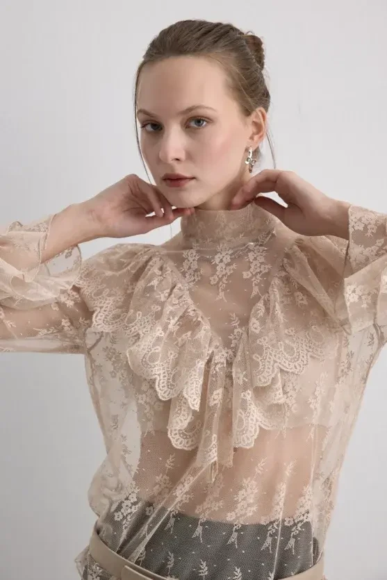 Phoenix Collection Lace Blouse - Beige - 6