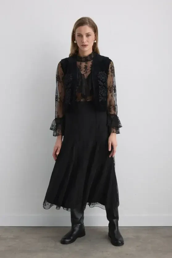 Phoenix Collection Long Lace Skirt - Black - 2