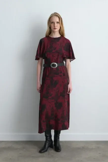 Anka Collection Long Patterned Dress - Burgundy Burgundy