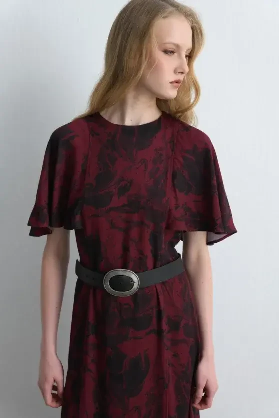 Anka Collection Long Patterned Dress - Burgundy - 2