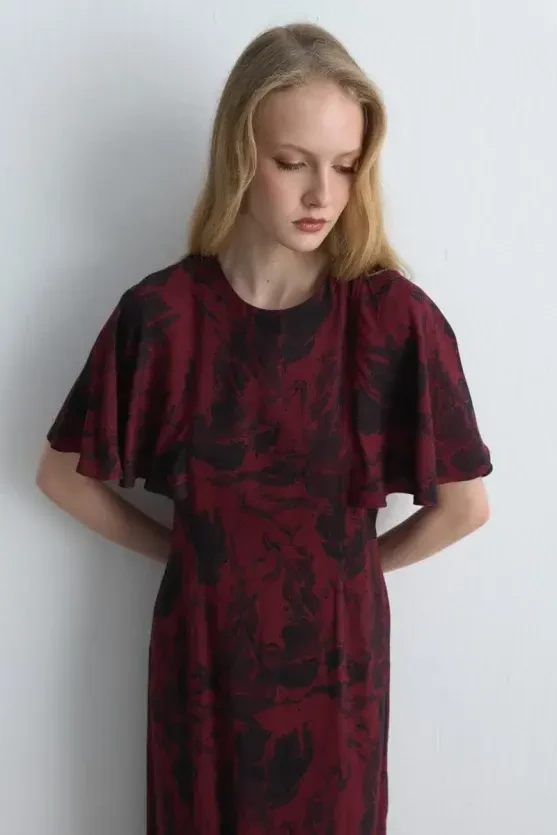 Anka Collection Long Patterned Dress - Burgundy - Gusto