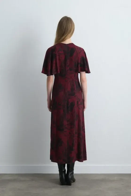 Anka Collection Long Patterned Dress - Burgundy - 5