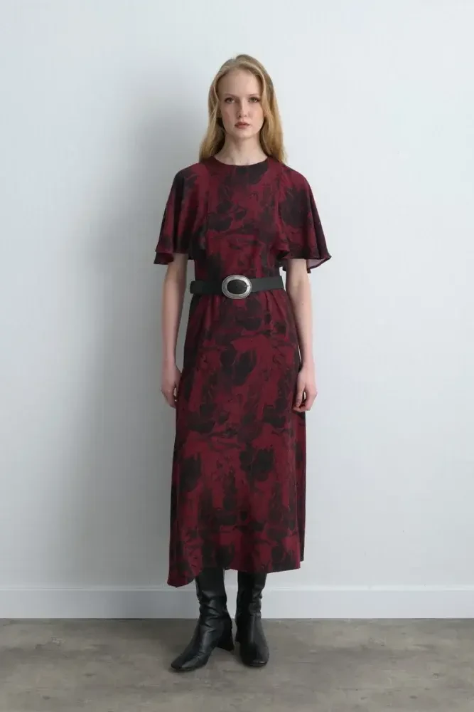 Anka Collection Long Patterned Dress - Burgundy Burgundy