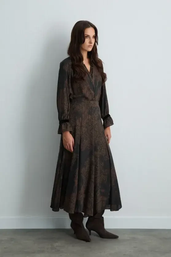 Anka Collection Long Patterned Flared Skirt - Brown - Gusto